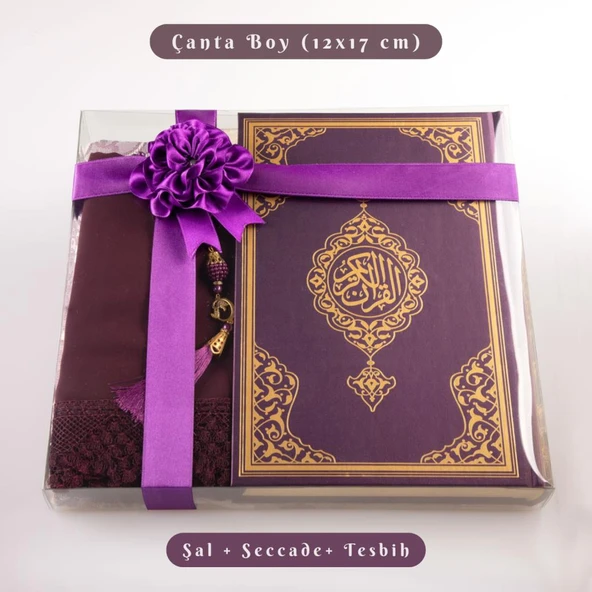 Şal + Seccade + Tesbih + Kuran Hediye Seti (Çanta Boy, Ekonomik Cilt, Mor) ürün görseli 1