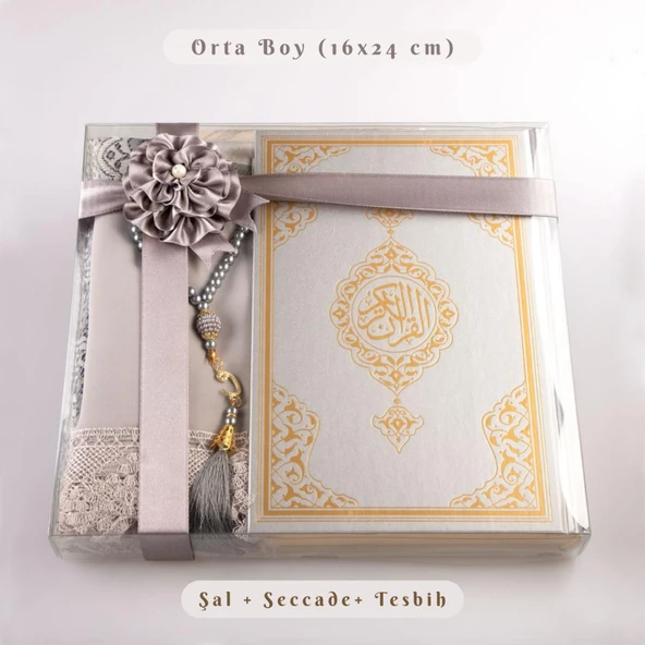Şal + Seccade + Tesbih + Kuran Hediye Seti (Orta Boy, Ekonomik Cilt, Gri) ürün görseli 1