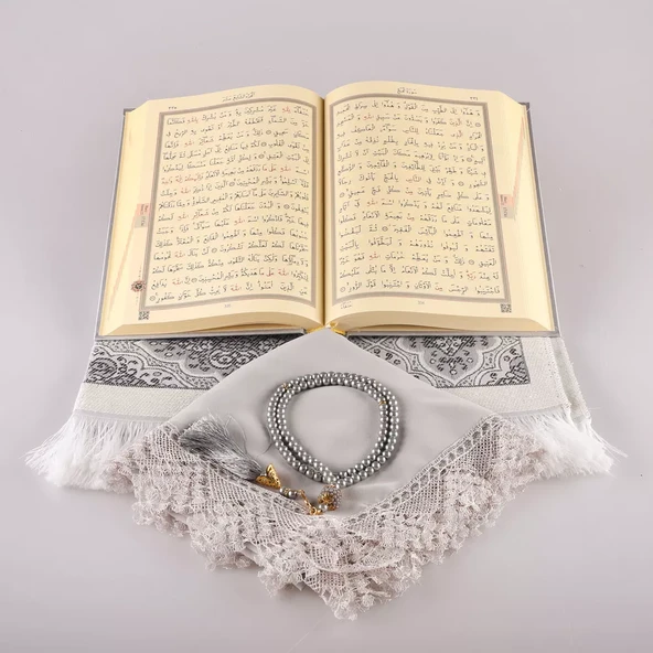 Şal + Seccade + Tesbih + Kuran Hediye Seti (Hafız Boy, Ekonomik Cilt, Gri) - Resim 4