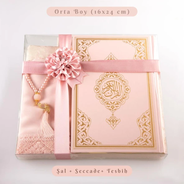 Şal + Seccade + Tesbih + Kuran Hediye Seti (Orta Boy, Ekonomik Cilt, Pembe) ürün görseli 1