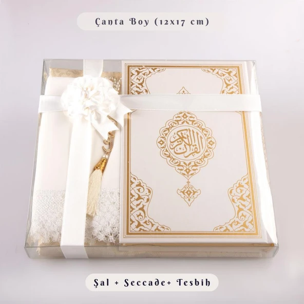Şal + Seccade + Tesbih + Kuran Hediye Seti (Çanta Boy, Ekonomik Cilt, Beyaz) ürün görseli 1