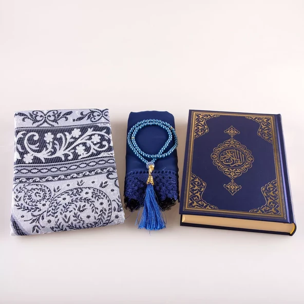 Şal + Seccade + Tesbih + Kuran Hediye Seti (Orta Boy, Ekonomik Cilt, Lacivert) - Resim 3