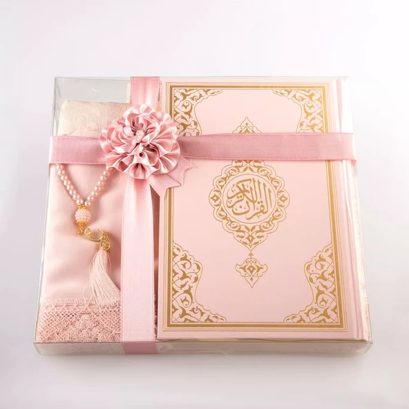 Şal + Seccade + Tesbih + Kuran Hediye Seti (Orta Boy, Ekonomik Cilt, Pembe) - Resim 2
