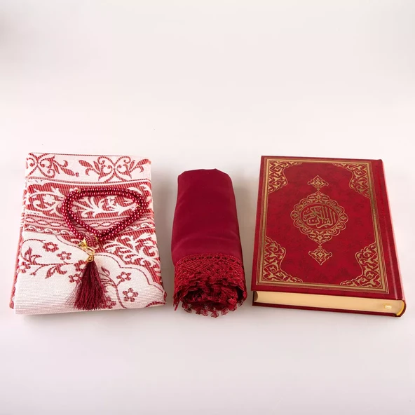 Şal + Seccade + Tesbih + Kuran Hediye Seti (Orta Boy, Ekonomik Cilt, Bordo) - 3