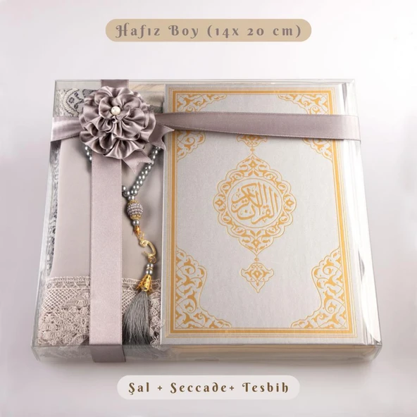 Şal + Seccade + Tesbih + Kuran Hediye Seti (Hafız Boy, Ekonomik Cilt, Gri) ürün görseli 1