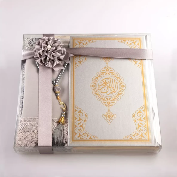 Şal + Seccade + Tesbih + Kuran Hediye Seti (Hafız Boy, Ekonomik Cilt, Gri) - Resim 2