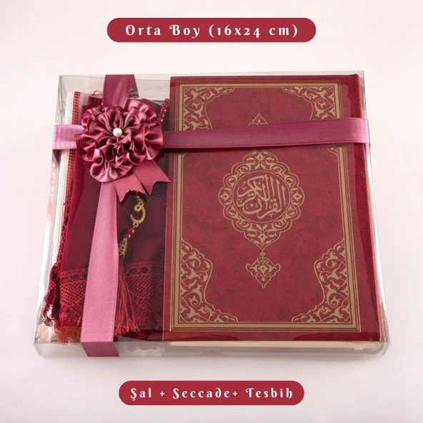 Şal + Seccade + Tesbih + Kuran Hediye Seti (Orta Boy, Ekonomik Cilt, Bordo)