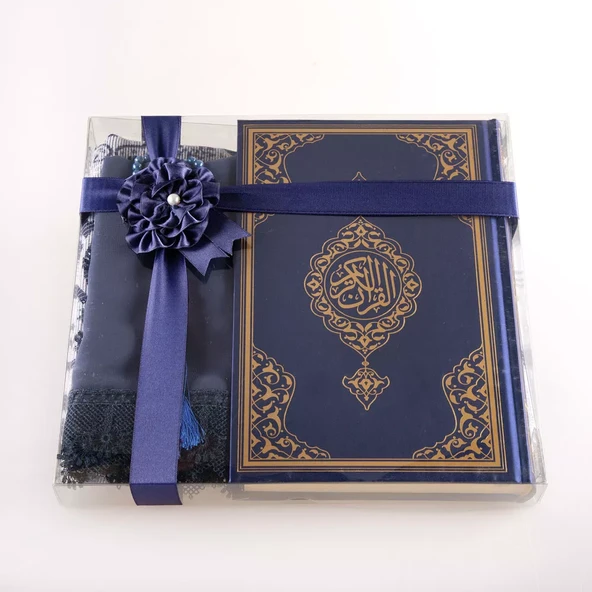 Şal + Seccade + Tesbih + Kuran Hediye Seti (Orta Boy, Ekonomik Cilt, Lacivert) - Resim 2