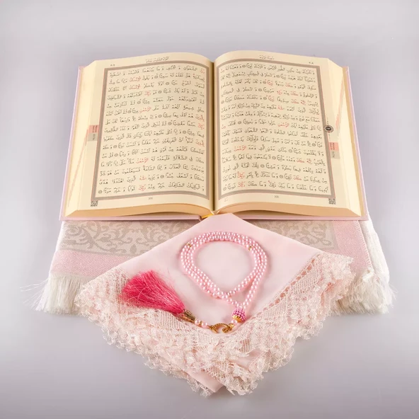 Şal + Seccade + Tesbih + Kuran Hediye Seti (Orta Boy, Ekonomik Cilt, Pembe) - Resim 4