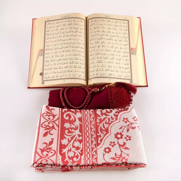 Şal + Seccade + Tesbih + Kuran Hediye Seti (Orta Boy, Ekonomik Cilt, Bordo) - 4