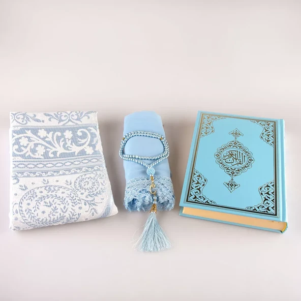 Şal + Seccade + Tesbih + Kuran Hediye Seti (Hafız Boy, Ekonomik Cilt, Açık Mavi) - Resim 3