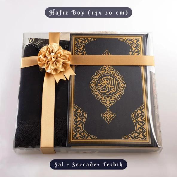 Şal + Seccade + Tesbih + Kuran Hediye Seti (Hafız Boy, Ekonomik Cilt, Siyah)