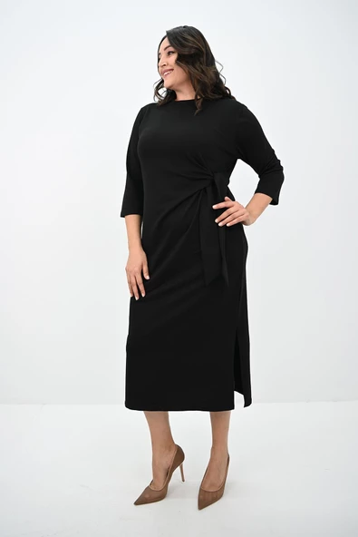 Kadın Büyük Beden Bel Bağlama Detaylı Elbise 5274-25 - 4