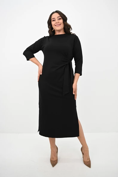 Kadın Büyük Beden Bel Bağlama Detaylı Elbise 5274-25 - 2