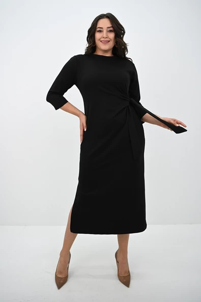 Kadın Büyük Beden Bel Bağlama Detaylı Elbise 5274-25 - 5