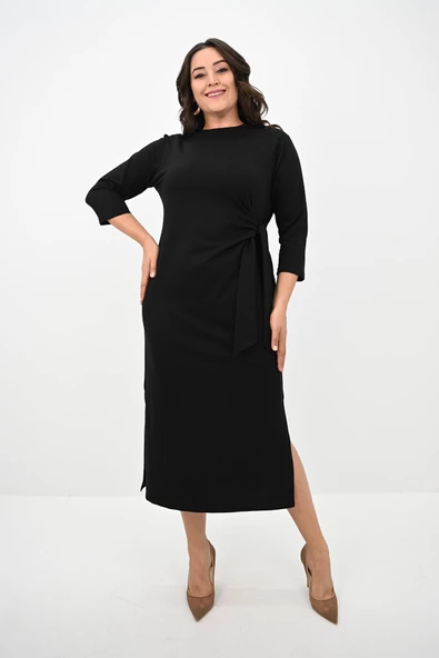 Kadın Büyük Beden Bel Bağlama Detaylı Elbise 5274-25 - 2