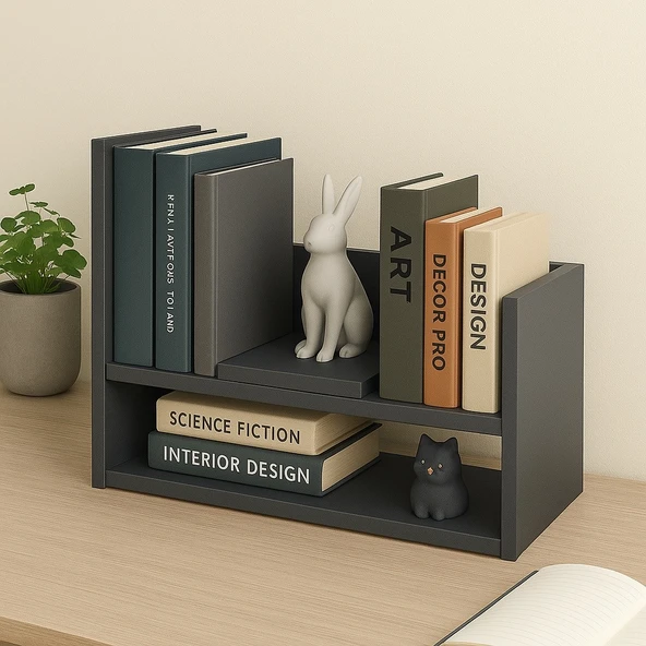 2 Katlı Masaüstü Kitaplık Modern Dekoratif Raf Ünitesi Masaüstü Düzenleyici Antrasit - Resim 4