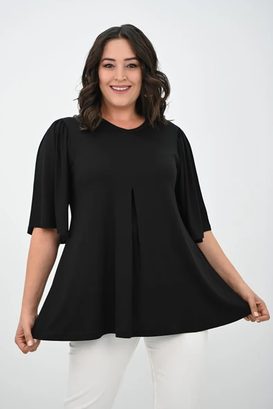 Kadın Büyük Beden Pileli V Yaka Bluz 1847-25 - 4