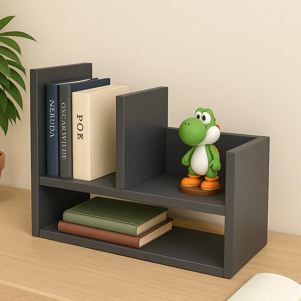 2 Katlı Masaüstü Kitaplık Modern Dekoratif Raf Ünitesi Masaüstü Düzenleyici Antrasit - Resim 2