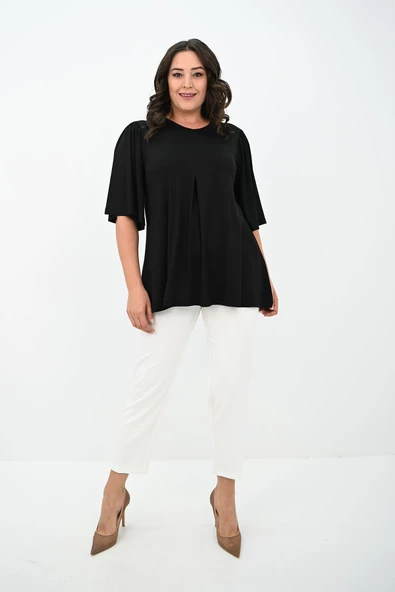 Kadın Büyük Beden Pileli V Yaka Bluz 1847-25 - 3