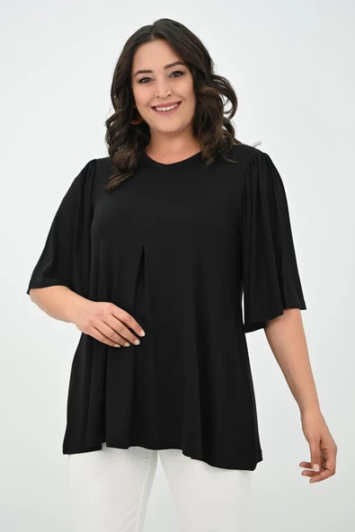 Kadın Büyük Beden Pileli V Yaka Bluz 1847-25 - 5