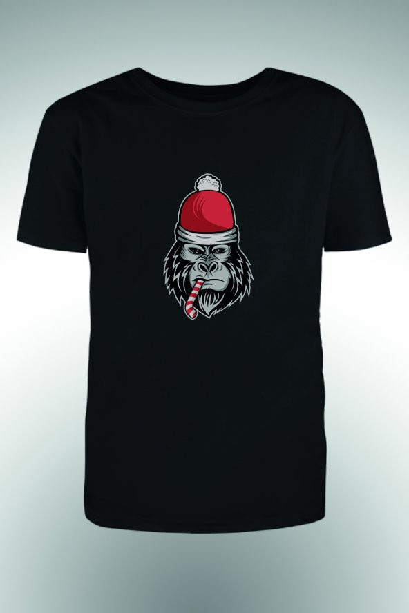 Yılbaşı Şapkalı Goril Baskılı T-shirt