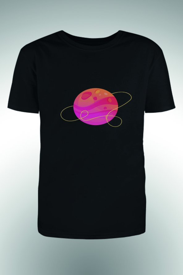 Pembe Halkalı Gezegen Baskılı T-shirt - 2