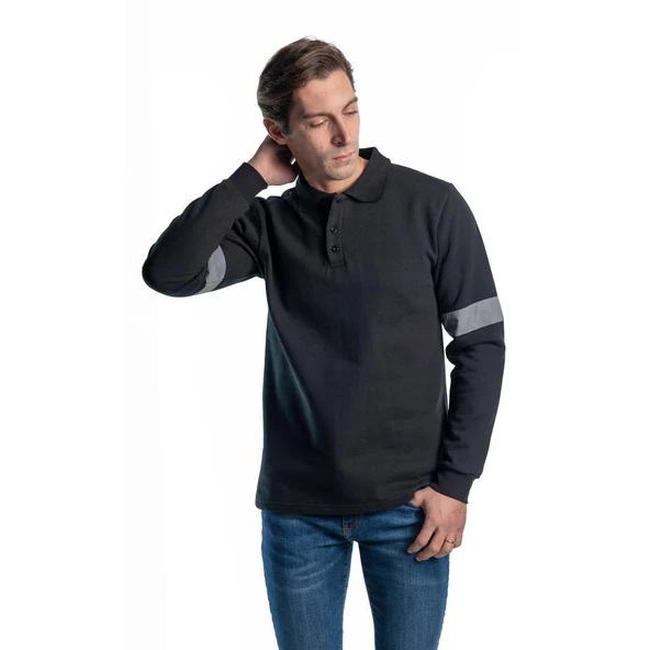 Şensel, Reflektörlü Sweatshirt, Siyah, Polo Yaka -107E5650-