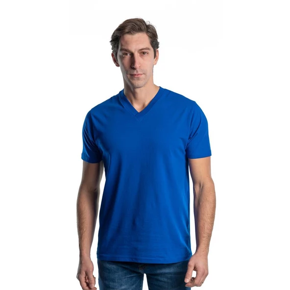 V Yaka Tişört, Saks Mavi -113E241- T-shirt, Tshirt, Kısa Kollu