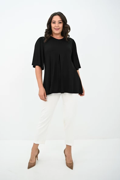 Kadın Büyük Beden Pileli V Yaka Bluz 1847-25 - 3