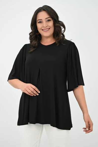 Kadın Büyük Beden Pileli V Yaka Bluz 1847-25 - 5