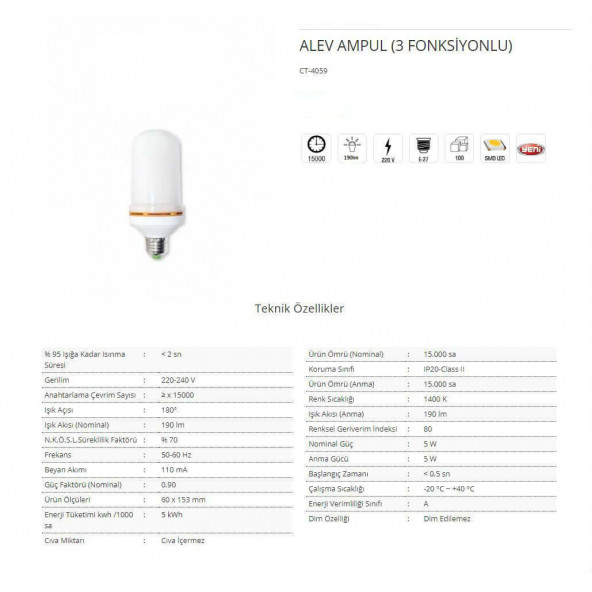 CATA CT-4059 ALEV AMPUL 3 FONKSİYONLU ALEV AMPULÜ (1 YIL GARANTİLİ) - 5