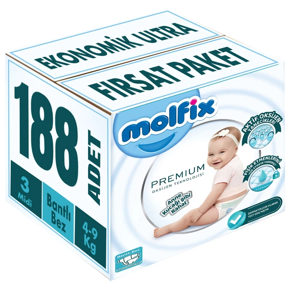 Molfix Premium Bebek Bezi Beden:3 (4-9KG) Midi 188 Adet Ekonomik Ultra Fırsat Pk ürün görseli