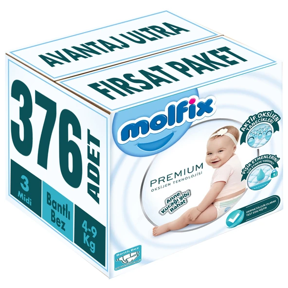 Molfix Premium Bebek Bezi Beden:3 (4-9KG) Midi 376 Adet Avantaj Ultra Fırsat Pk