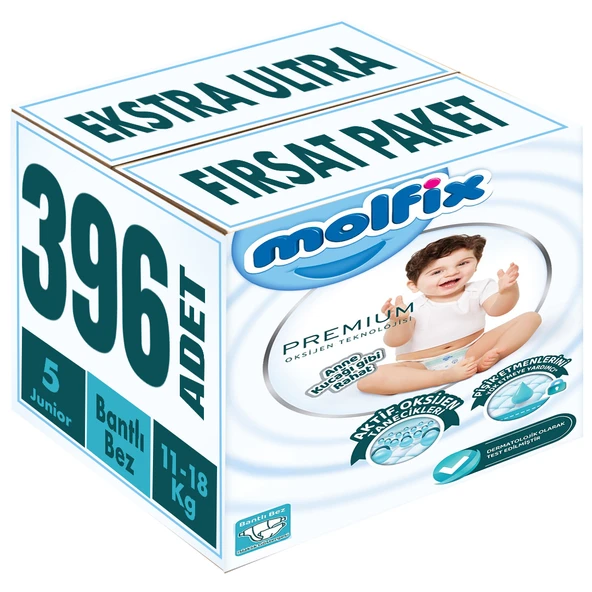 Molfix Premium Bebek Bezi Beden:5 (11-18KG) Junior 396 Adet Ekstra Ultra Fırsat Pk