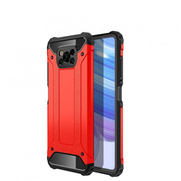 KNY Xiaomi Pocophone X3 NFC Kılıf Çift Katmanlı Armour Case Kırmızı