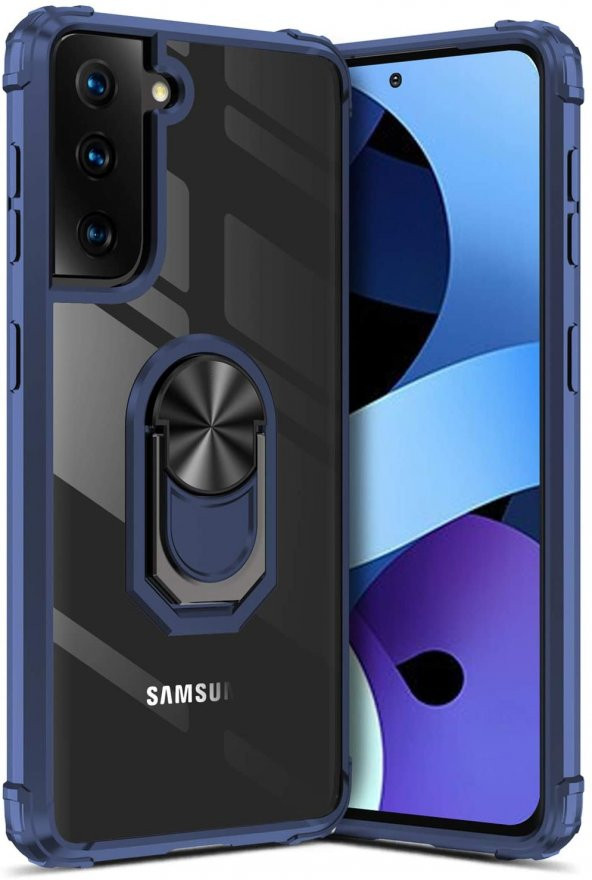 KNY Samsung Galaxy S21 Plus Kılıf Yüzüklü Manyetik Şeffaf Mola Kapak Lacivert