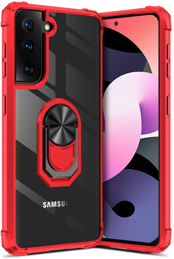 KNY Samsung Galaxy S21 Plus Kılıf Yüzüklü Manyetik Şeffaf Mola Kapak Kırmızı