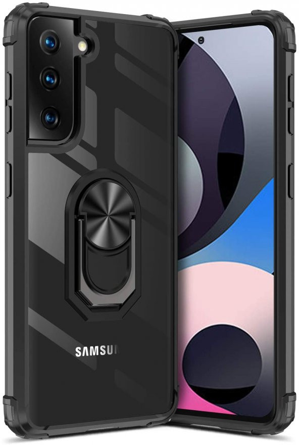 KNY Samsung Galaxy S21 Plus Kılıf Yüzüklü Manyetik Şeffaf Mola Kapak Siyah