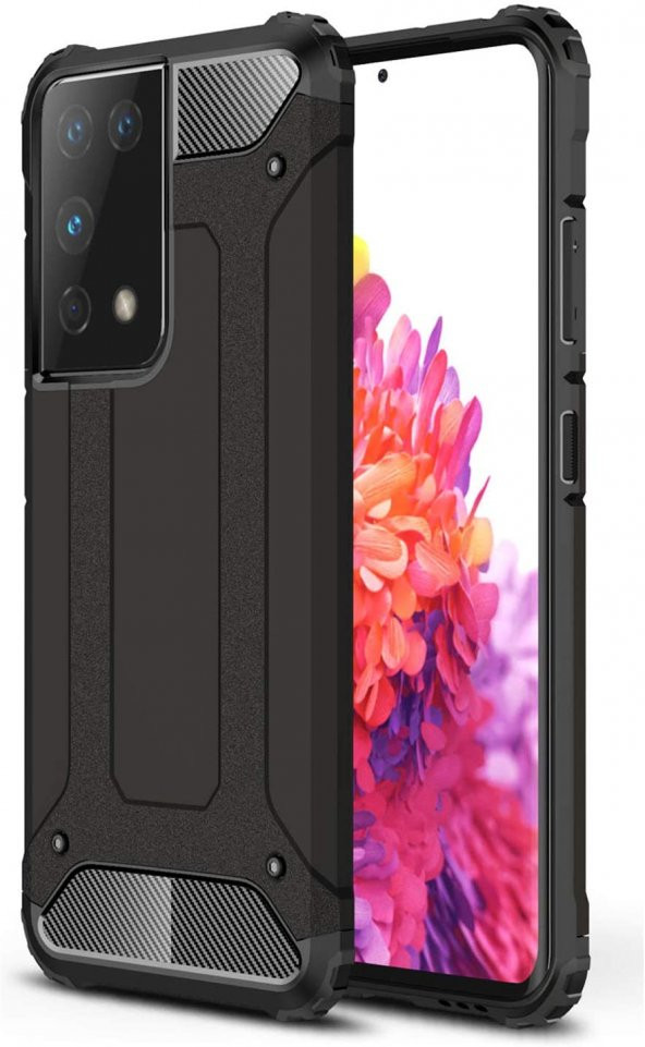 KNY Samsung Galaxy S21 Ultra Kılıf Çift Katmanlı Armour Case Siyah