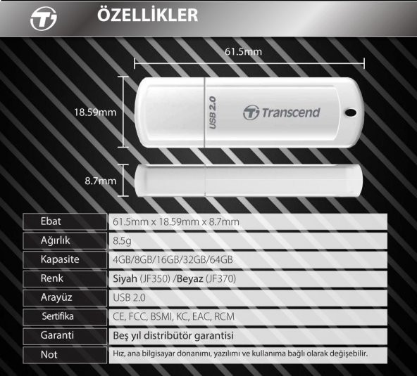 Transcend TS16GJF700 16GB Pen Drive USB3.1 Sıyah USB Bellek - 8