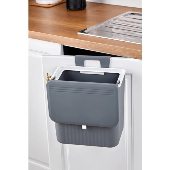 Piev Mutfak Tezgah Üstü Dolap Askılı Kapaklı 15 Lt Çöp Kovası Gri - 7