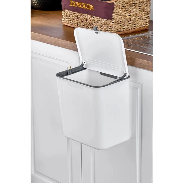 Piev Mutfak Tezgah Üstü Dolap Askılı Kapaklı 15 Lt Çöp Kovası Beyaz - 8
