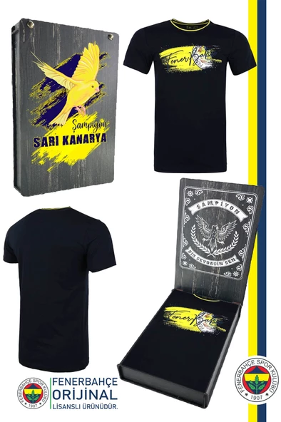 Fenerbahçe Orijinal Lisanslı Sıfır Yaka Lacivert T-Shirt Hediyelik Ahşap Kutulu