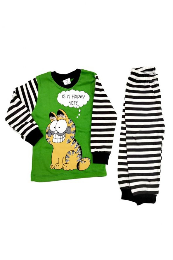 Erkek Çocuk Kedili Yeşil Pijama Takımı