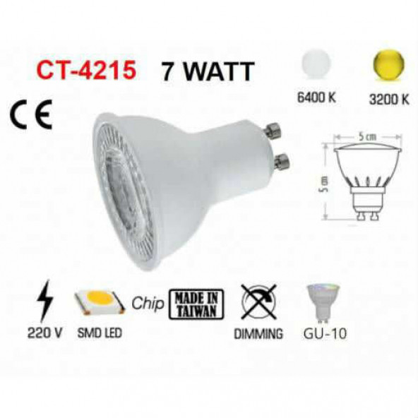 CATA CT-4215 GU10 7 WATT LED SPOT ÇANAK AMPUL GÜNIŞIĞI RENK ÇEŞİDİ 1 YIL GARANTİLİ)