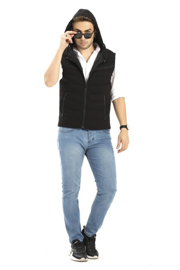 Erkek Kapüşonlu Yelek Siyah - 4