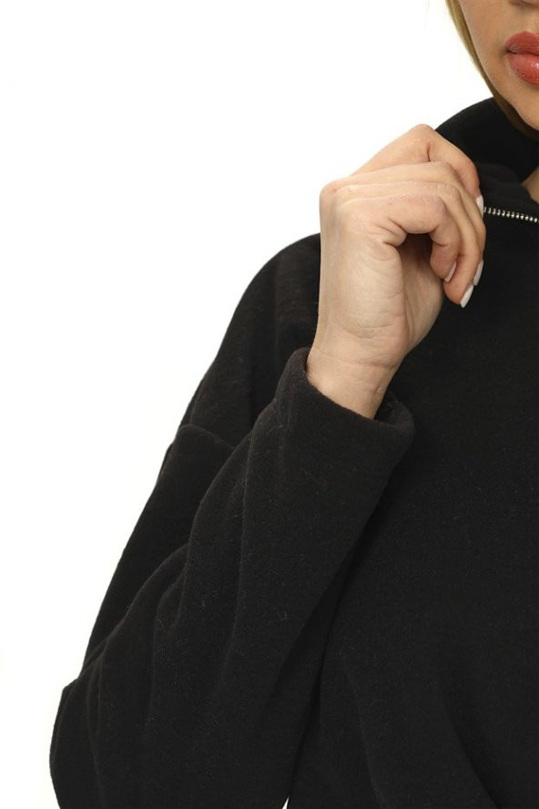 Kadın Yaka Fermuarlı Bel Lastikli Kısa Sweat Siyah - 2