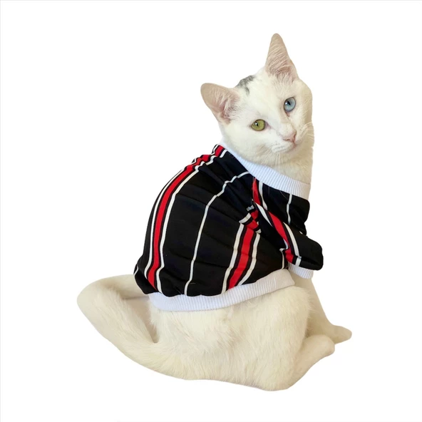 Black Red White Çizgili Oval Yaka Tişört Kedi Kıyafeti Kedi Elbisesi - 2