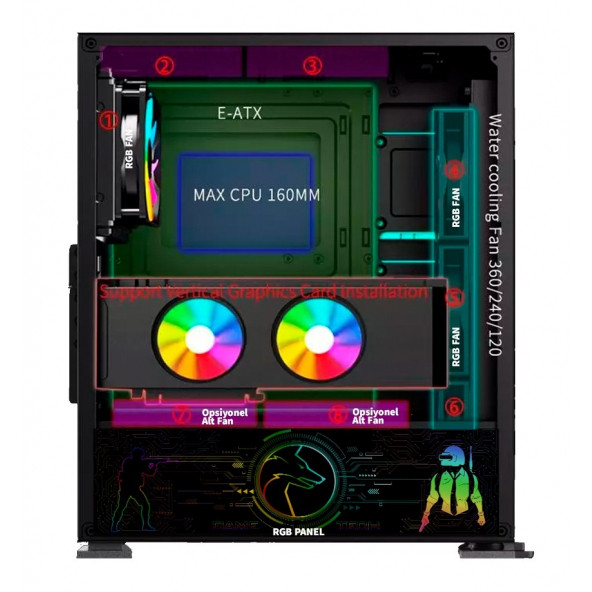 GAMETECH GALAXY PRO MESH 4X RGB Fanlı Gaming Oyuncu Bilgisayar Kasası PSU Yok - 2